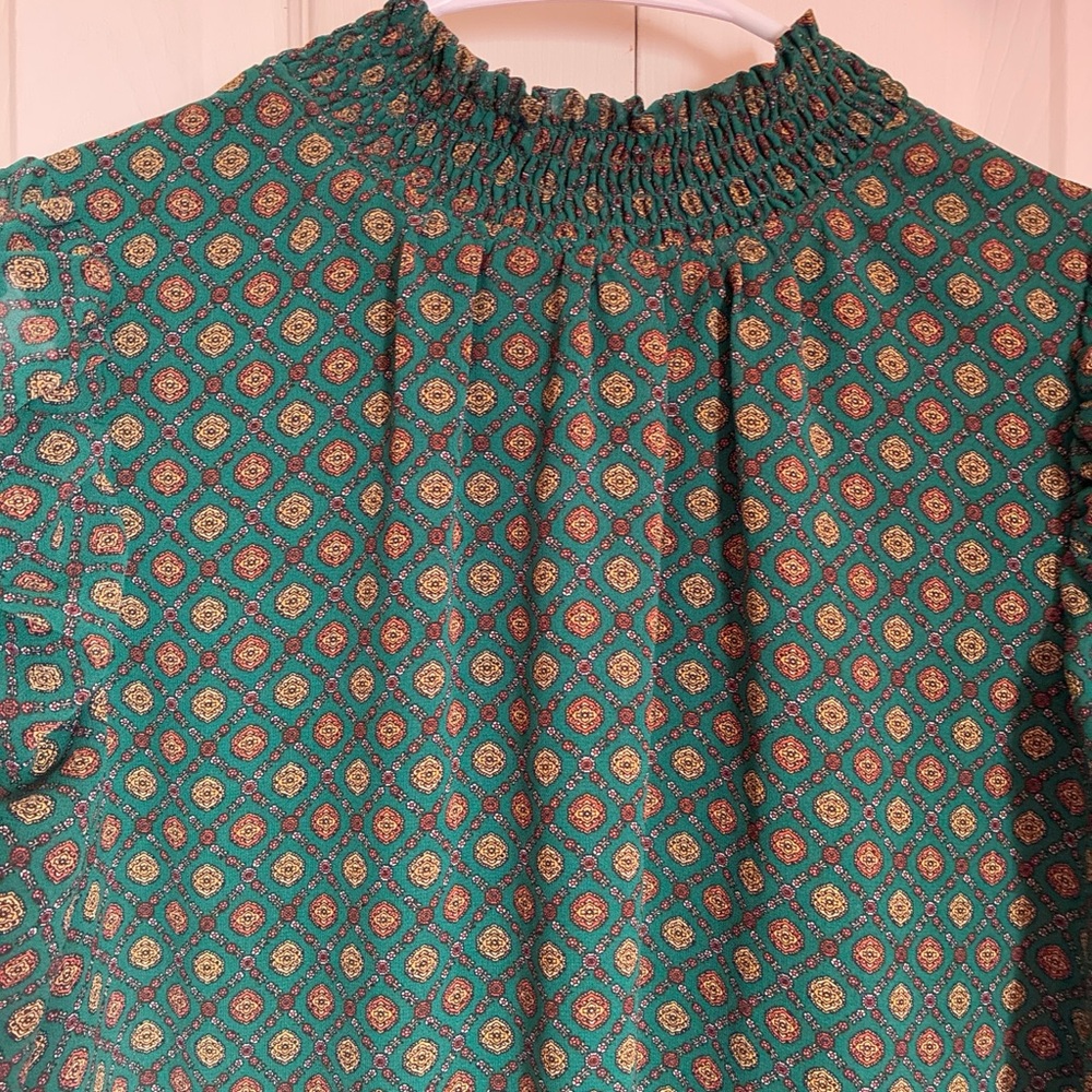 Pleione Teal and Gold Patterned Blouse